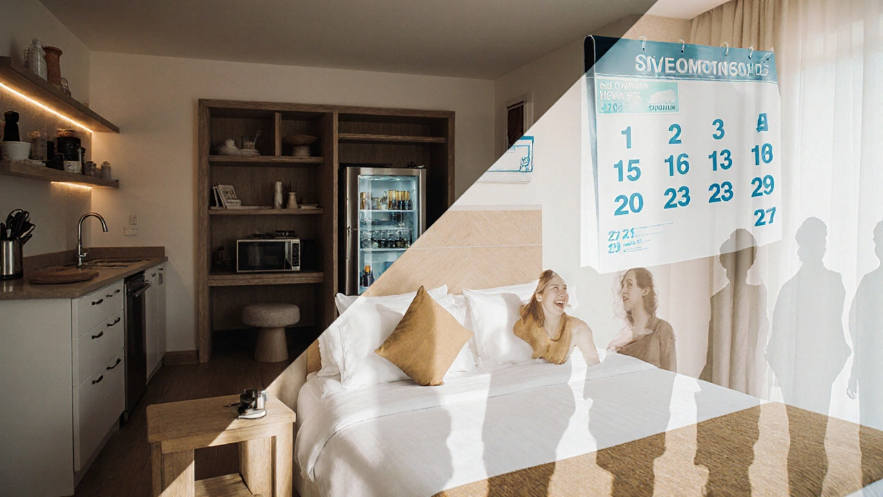 A surreal blend of a home kitchen and a hotel room, representing the loss of personal space in all-inclusive living.