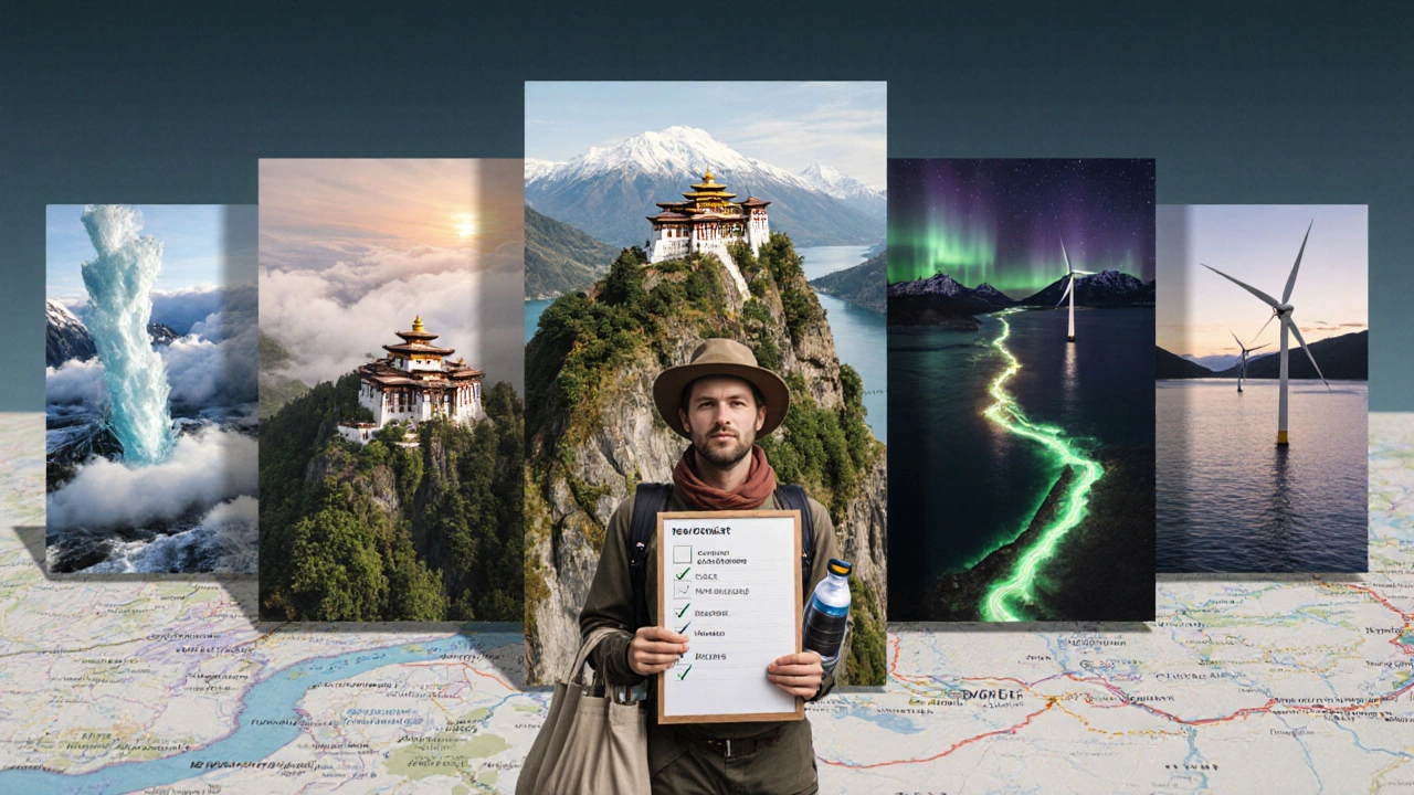 Collage of five sustainable destinations with traveler holding a checklist, featuring renewable energy icons.