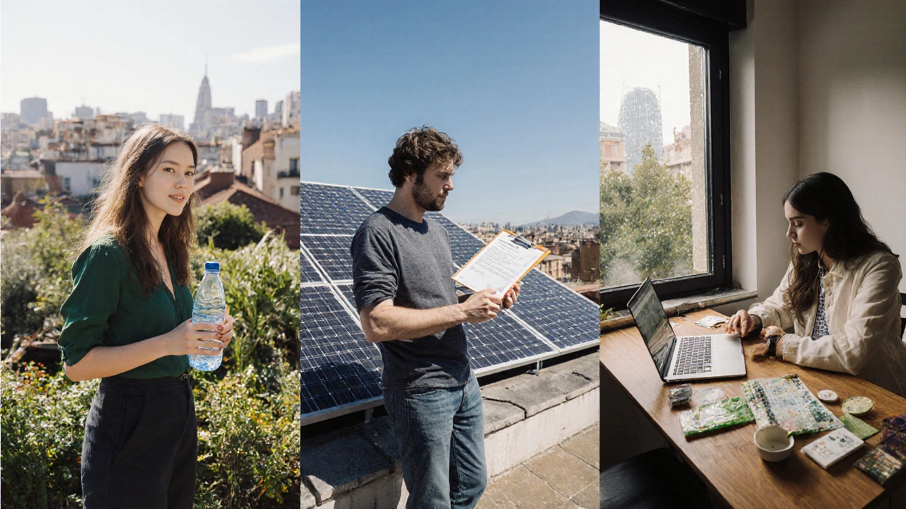 Collage of three people: garden caretaker, solar panel leader, and zero‑waste blogger.