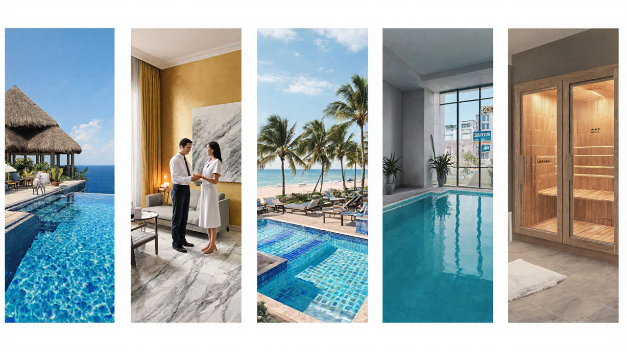 Collage shows five hotel types, each with distinct spa facilities like pools, sauna, and treatments.