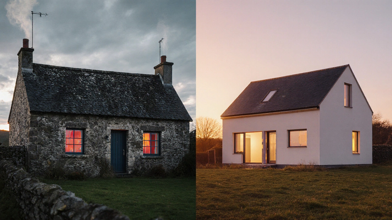 Contrasting old drafty cottage with modern energy-efficient home using thermal imaging.