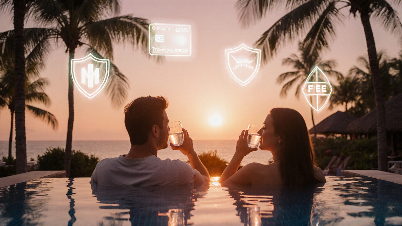 Couple at sunset pool drinking water, surrounded by faint reward and insurance icons.