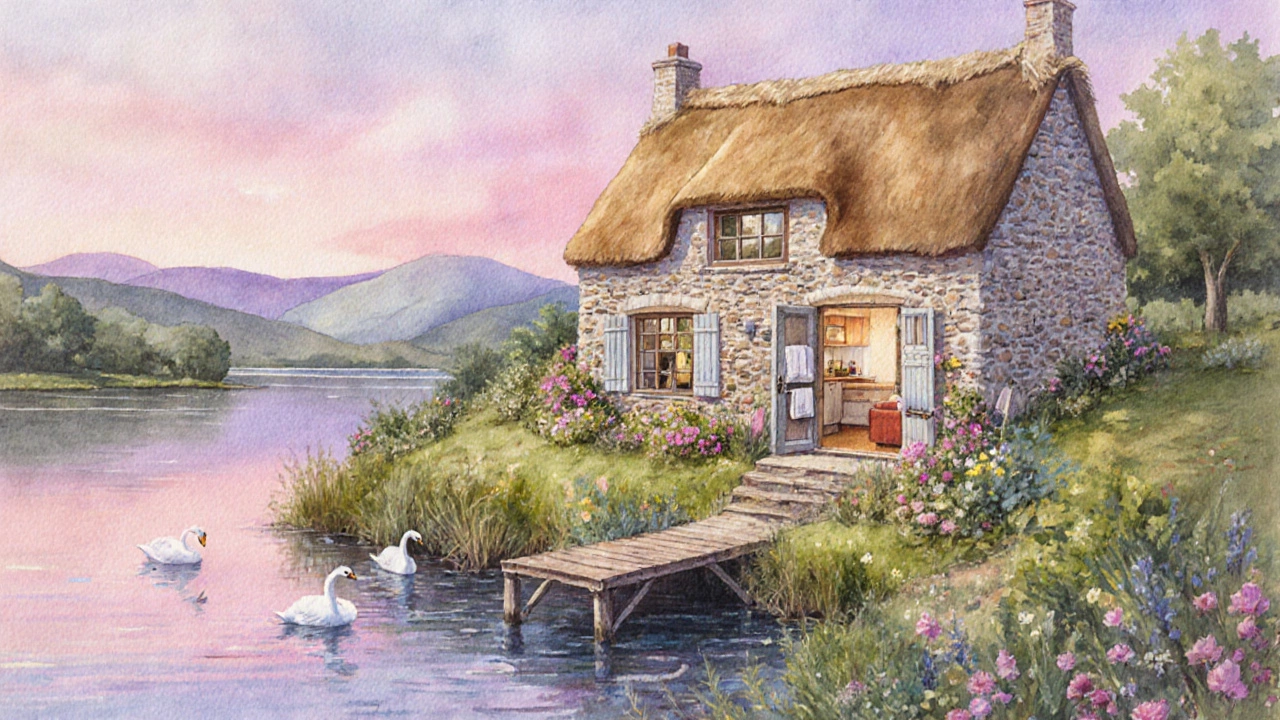Cozy stone cottage with thatched roof, garden, and lake view at sunset.