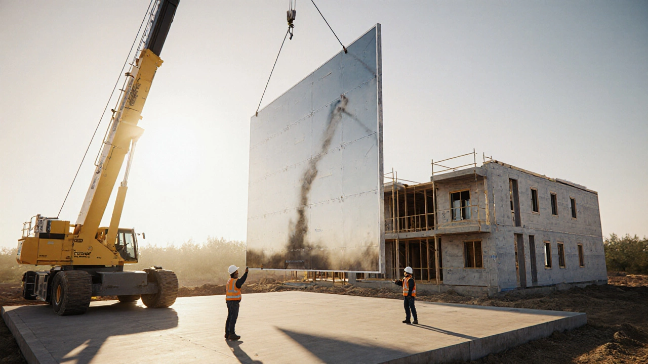 Crane lifting a prefabricated panel onto a concrete slab.