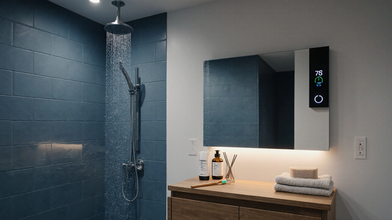 Eco bathroom featuring low‑flow shower, LED lights, smart thermostat and compostable toiletries.