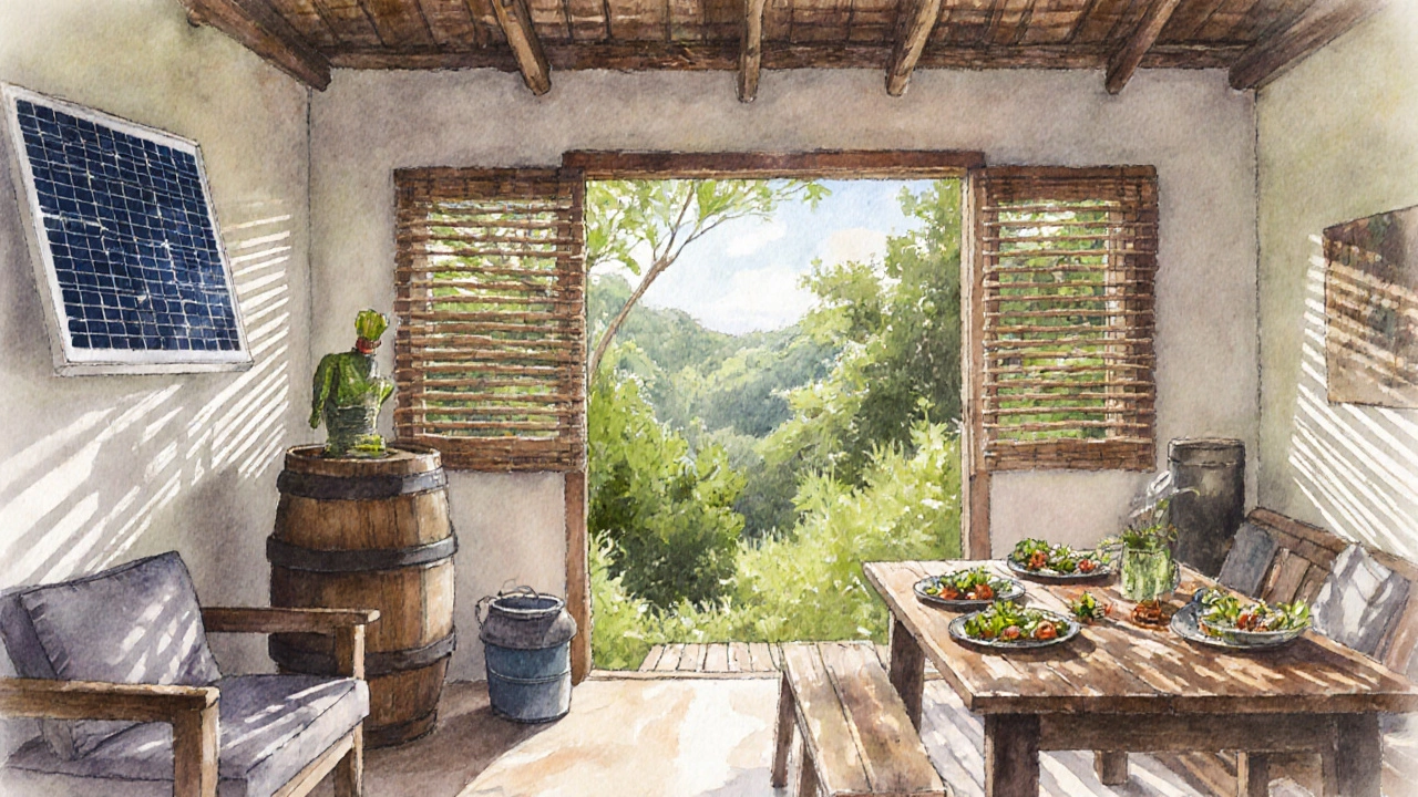 Eco‑cottage interior with solar panel model, compost bin, and farm‑to‑table meal, rainforest visible outside.