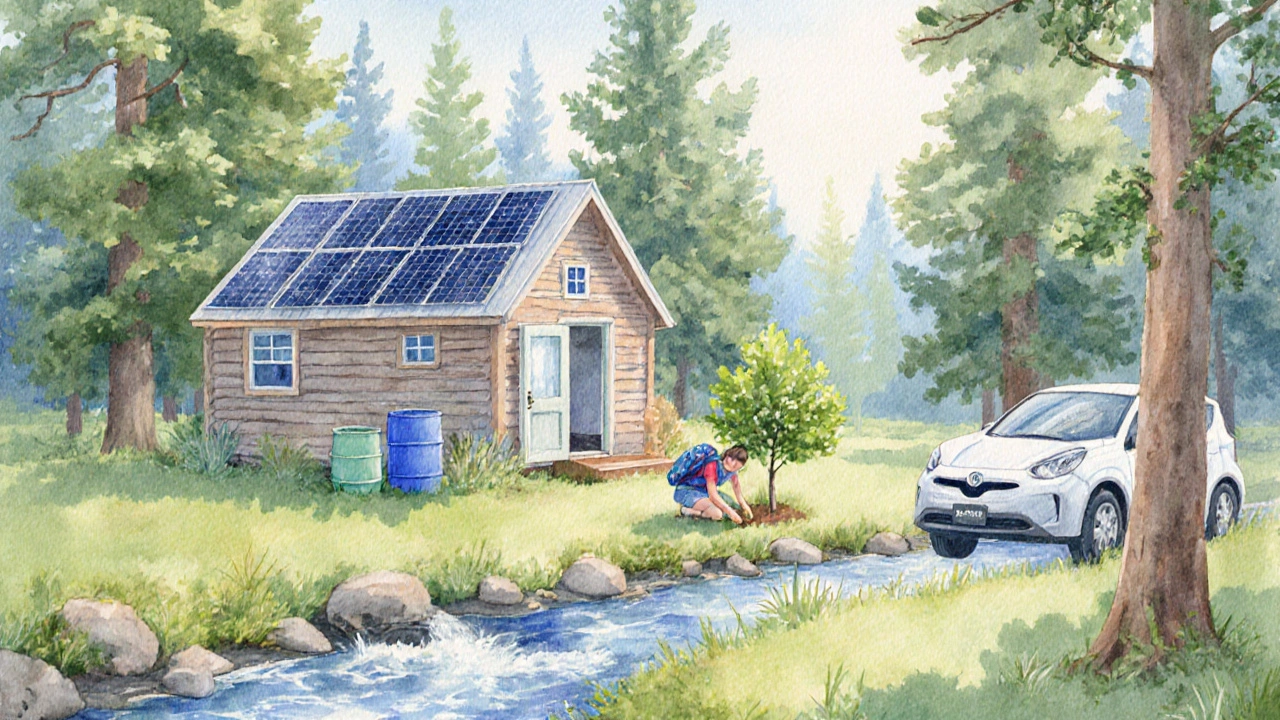 Eco‑cottage with solar panels, electric car, and traveler planting a tree.