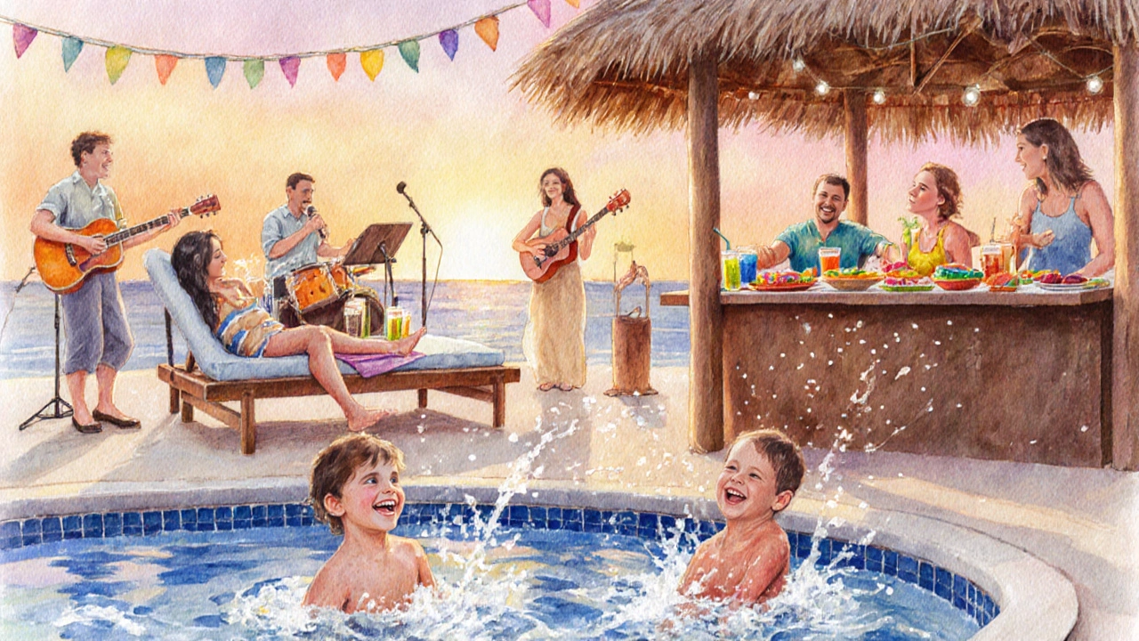 Family enjoying pool, buffet and live music at a beach resort at sunset.