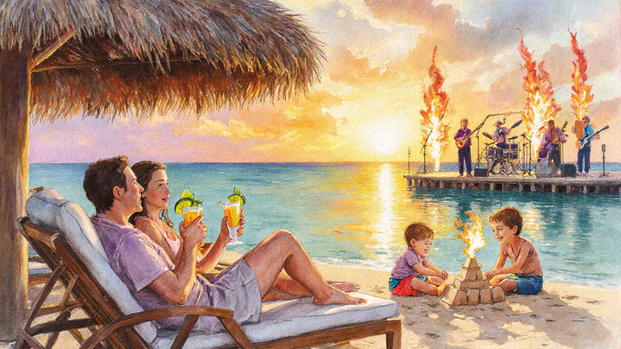 Family relaxing at a Caribbean resort at sunset, enjoying beach and activities.