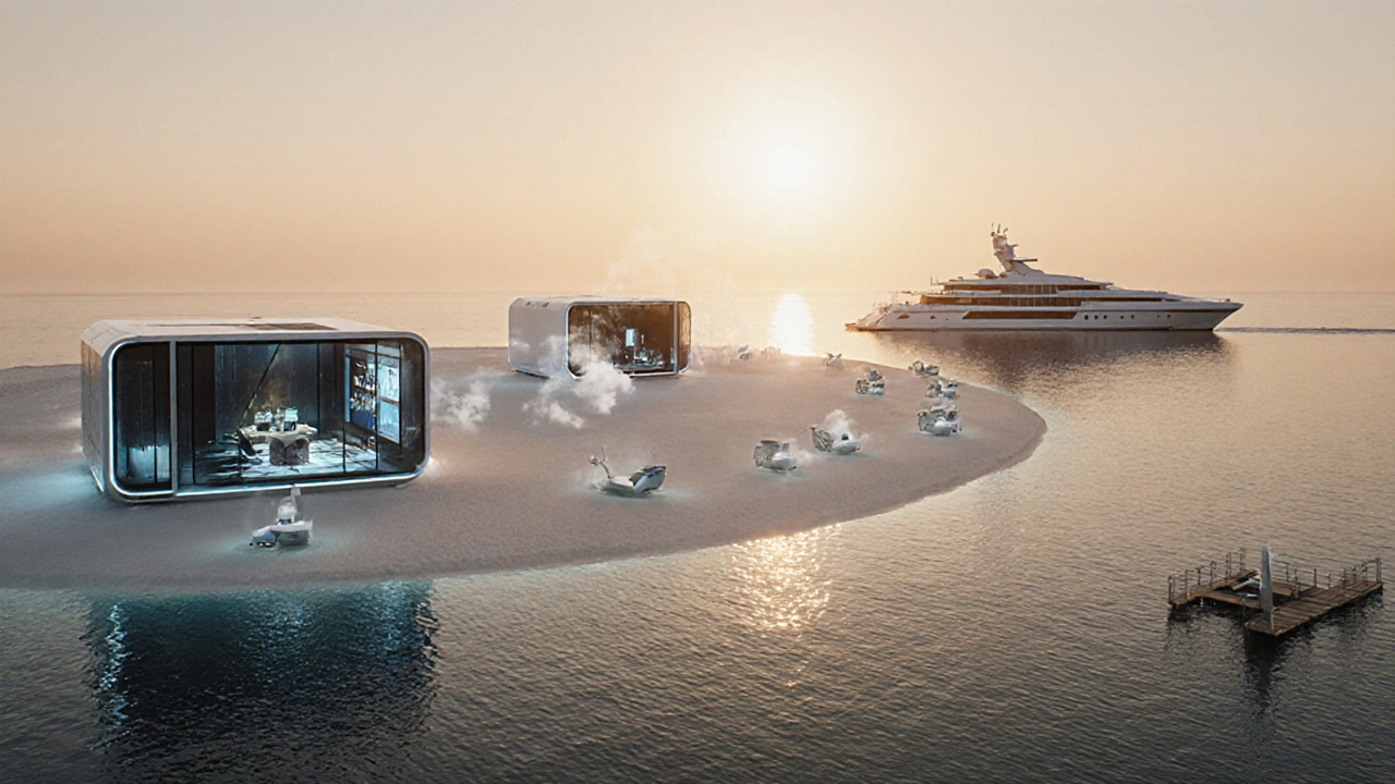 Futuristic private‑island resort with AI‑personalized rooms and space‑tourism lounge.