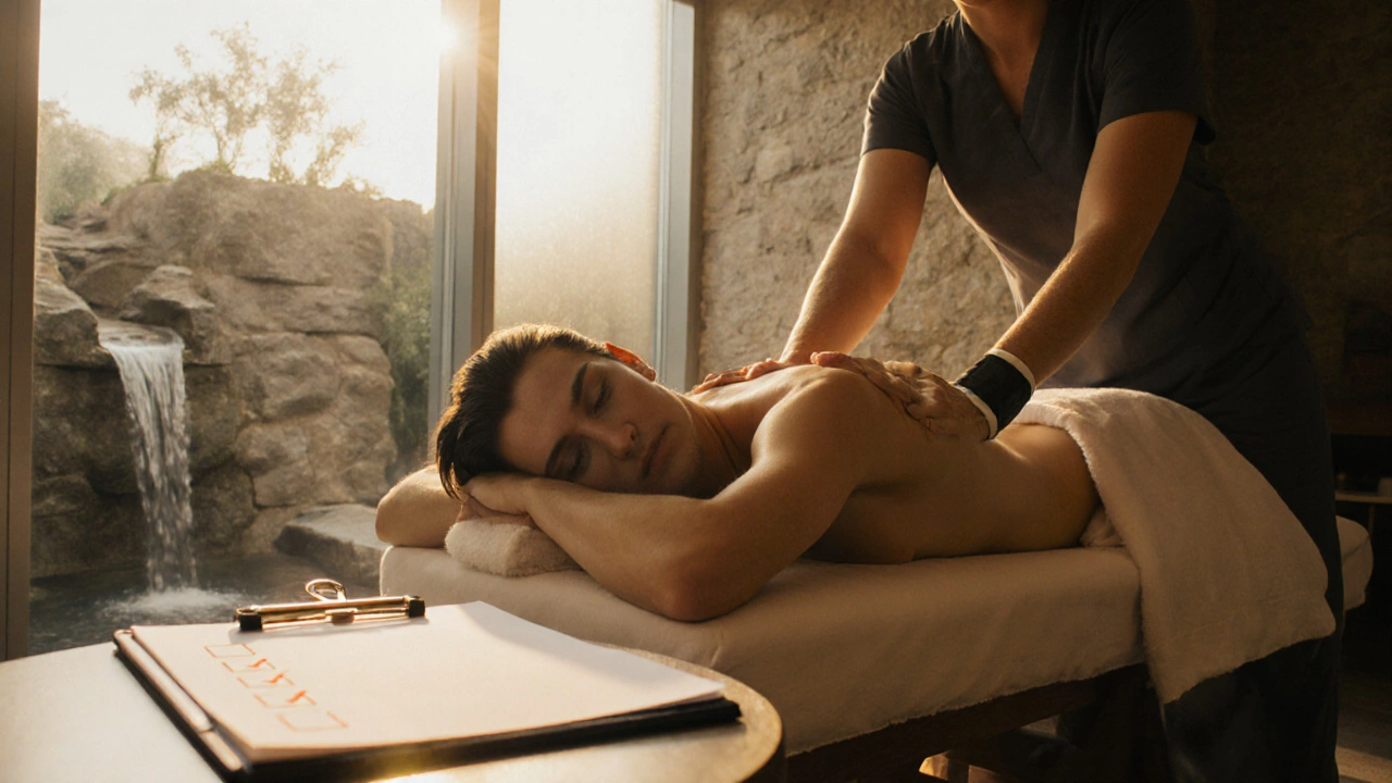 Guest receives a complimentary 30‑minute massage in a warm, softly lit spa lounge.