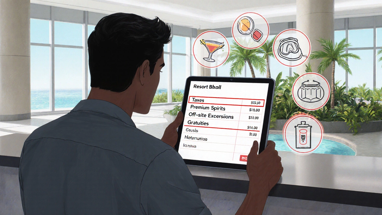 Guest reviewing a bill with hidden fees icons around them.