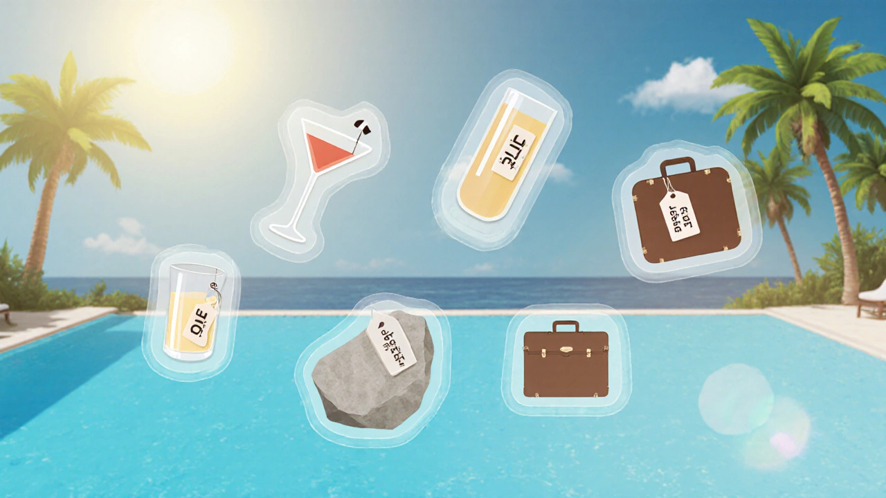 Illustration showing icons of extra fees like Wi‑Fi, cocktail, and spa over a pool.