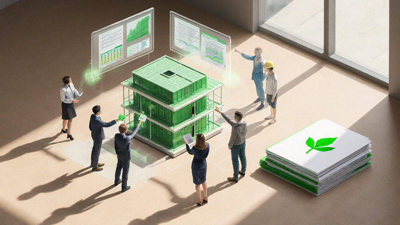 Isometric workshop with designers and AI screens planning a modular green building.