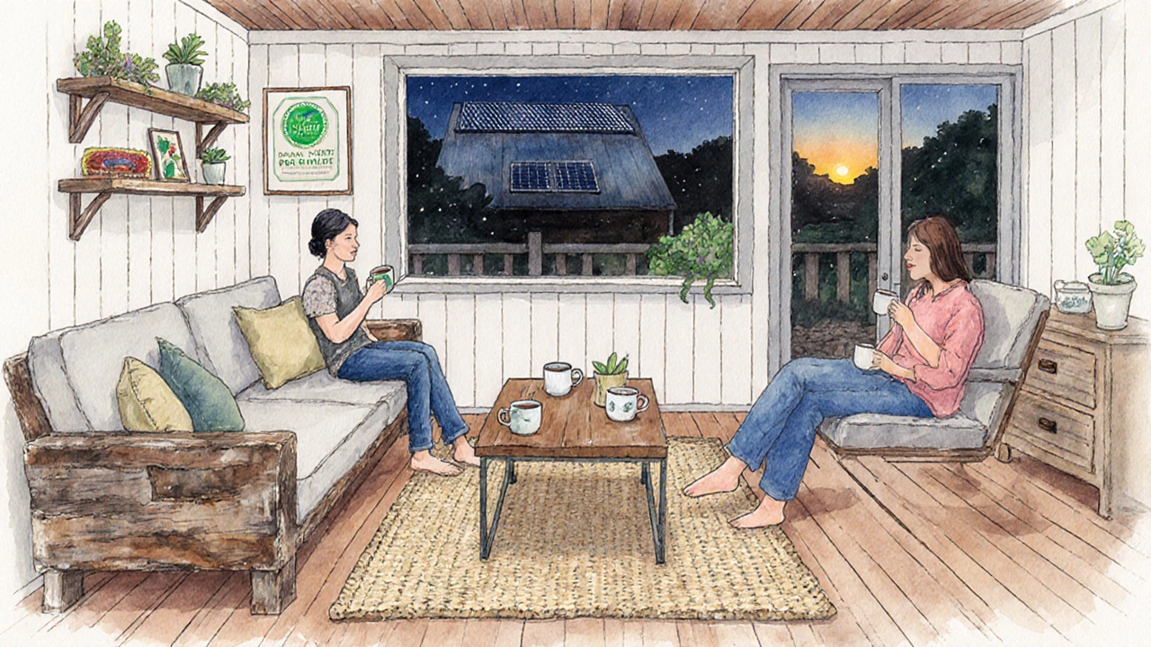 Living room with reclaimed wood furniture, reusable cups, and a green certification badge.