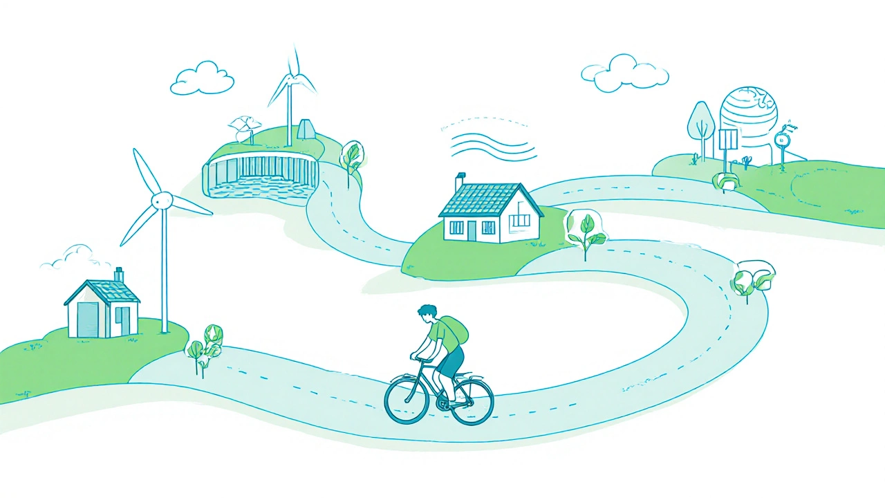 Minimalist line drawing of a cyclist passing eco‑cottages and renewable energy symbols on a green path.