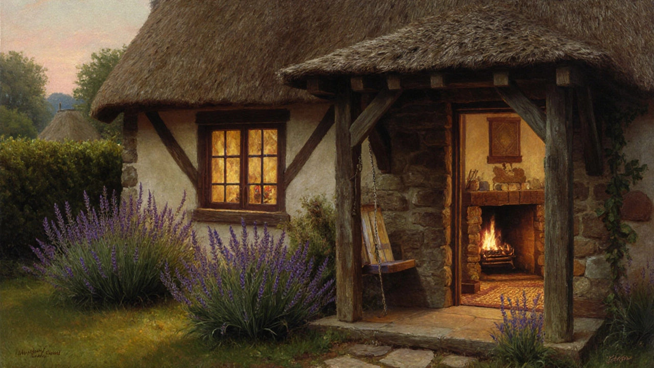 Oil painting of a thatched‑roof English cottage with garden and fireplace.