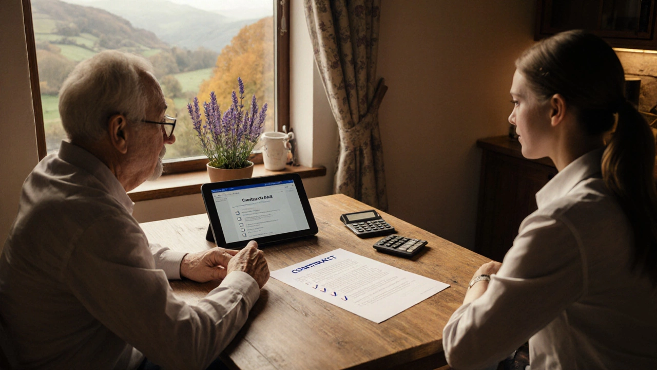 Owner and manager discuss a contract at a kitchen table with checklist and tablet.