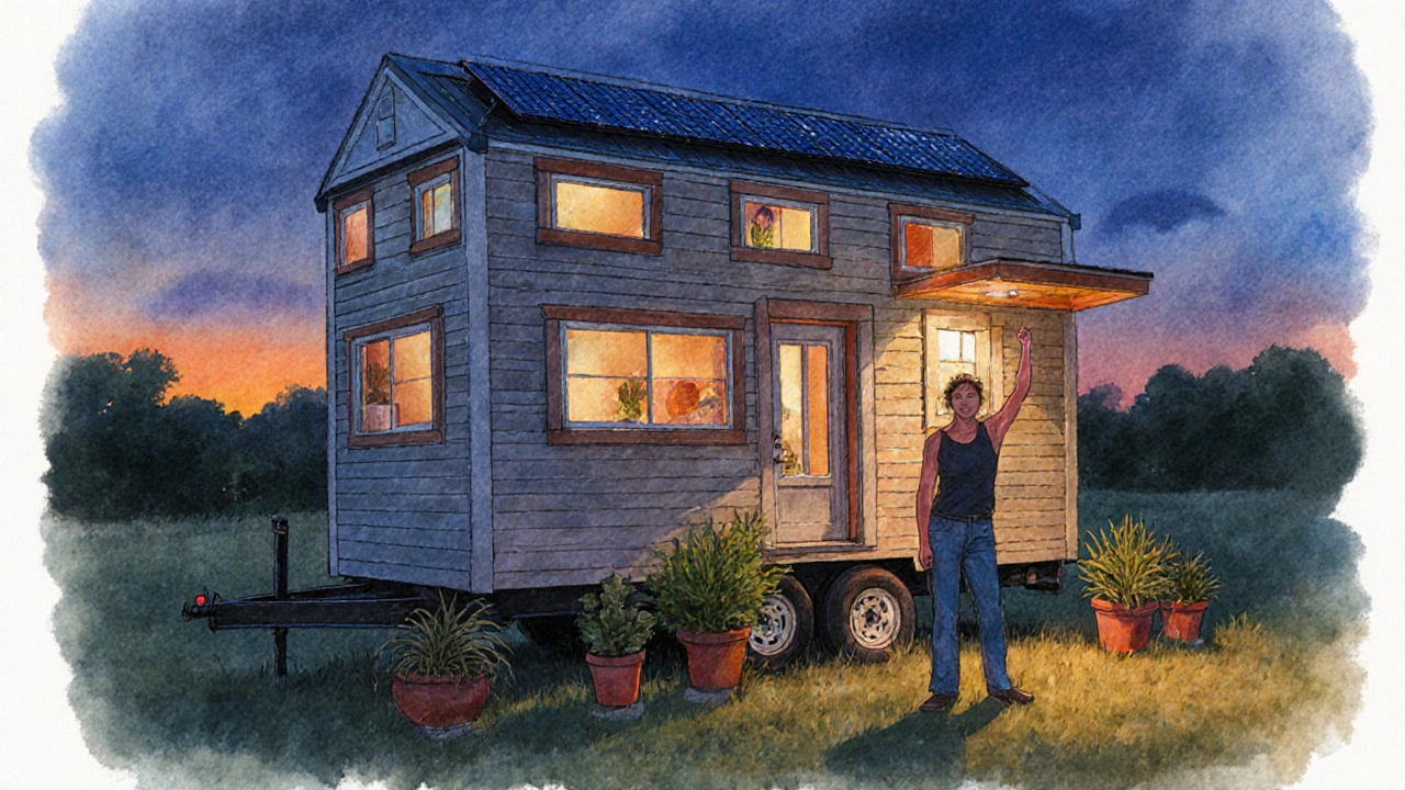 Owner standing beside a finished tiny house on a trailer at sunset.