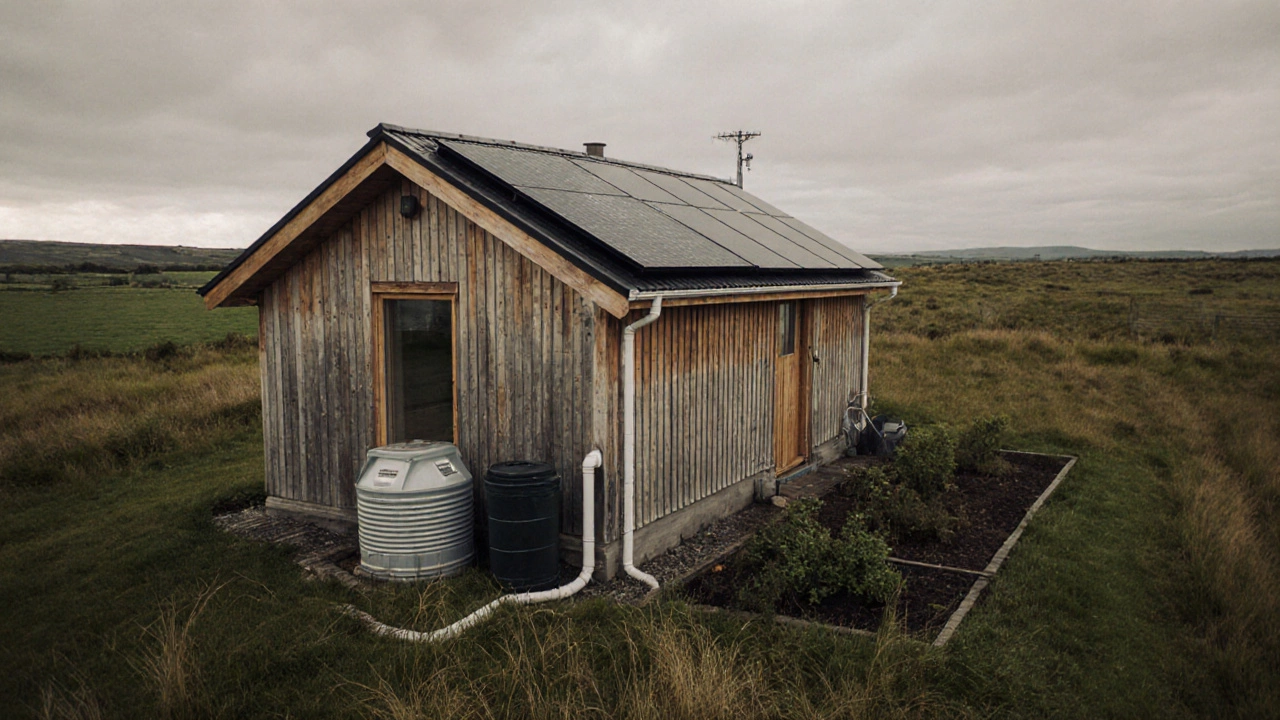 Rural Irish eco-cottage with solar panels and rainwater tanks amid wild grasses.