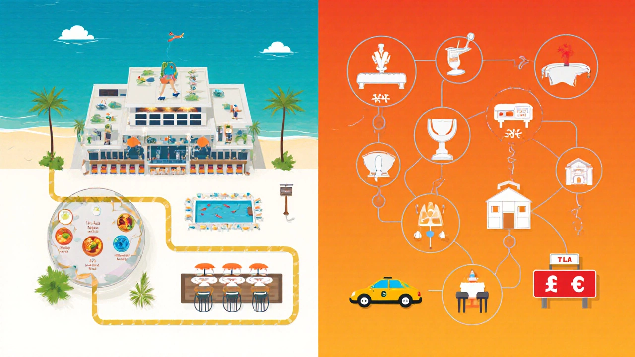 Side‑by‑side illustration comparing all‑inclusive resort icons with a la carte options.