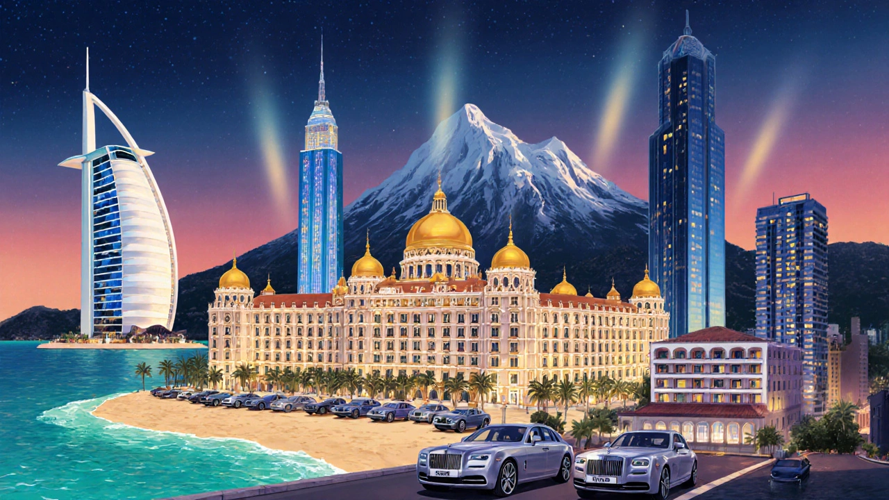 Silhouettes of iconic 7‑star hotels against a twilight sky.