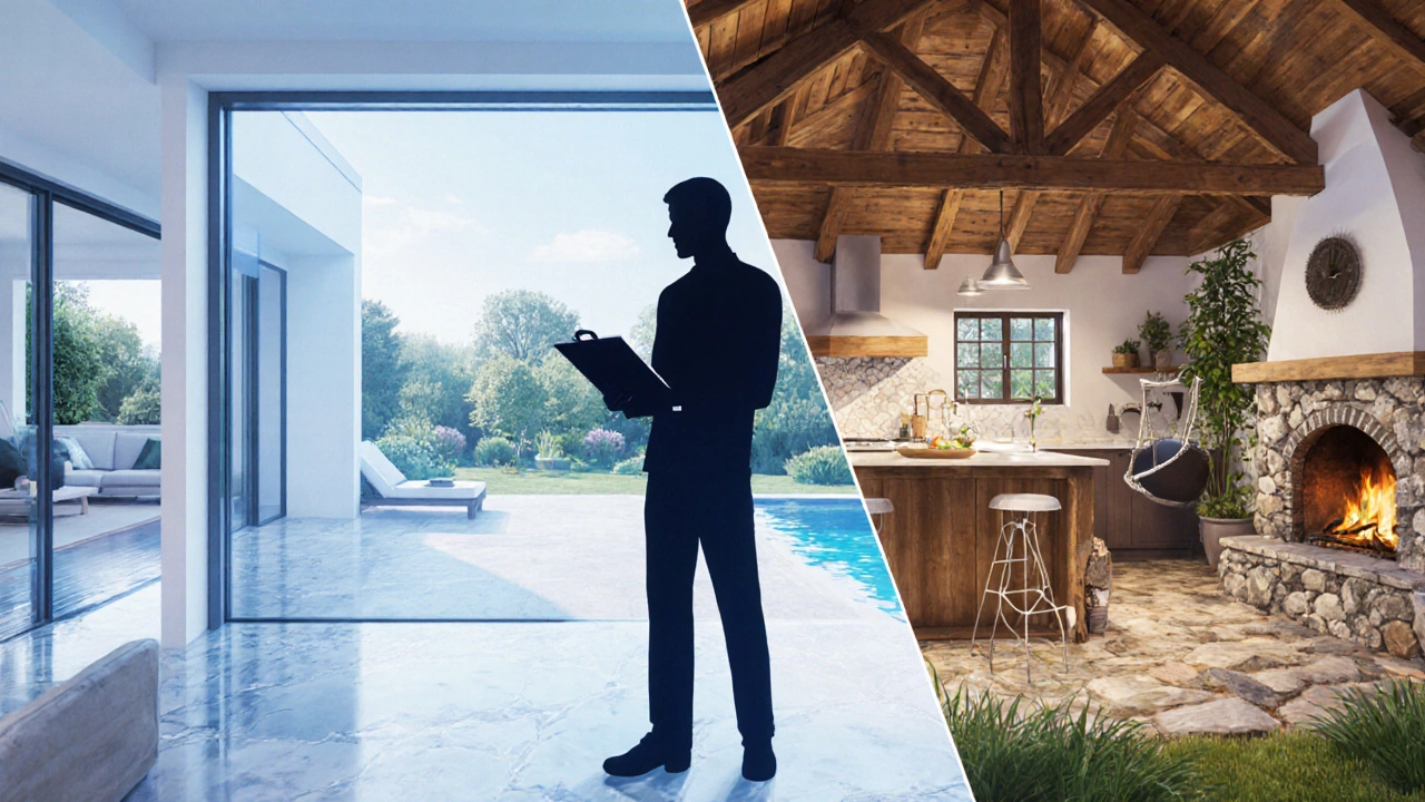 Split illustration contrasting a modern villa interior with a cozy cottage interior.