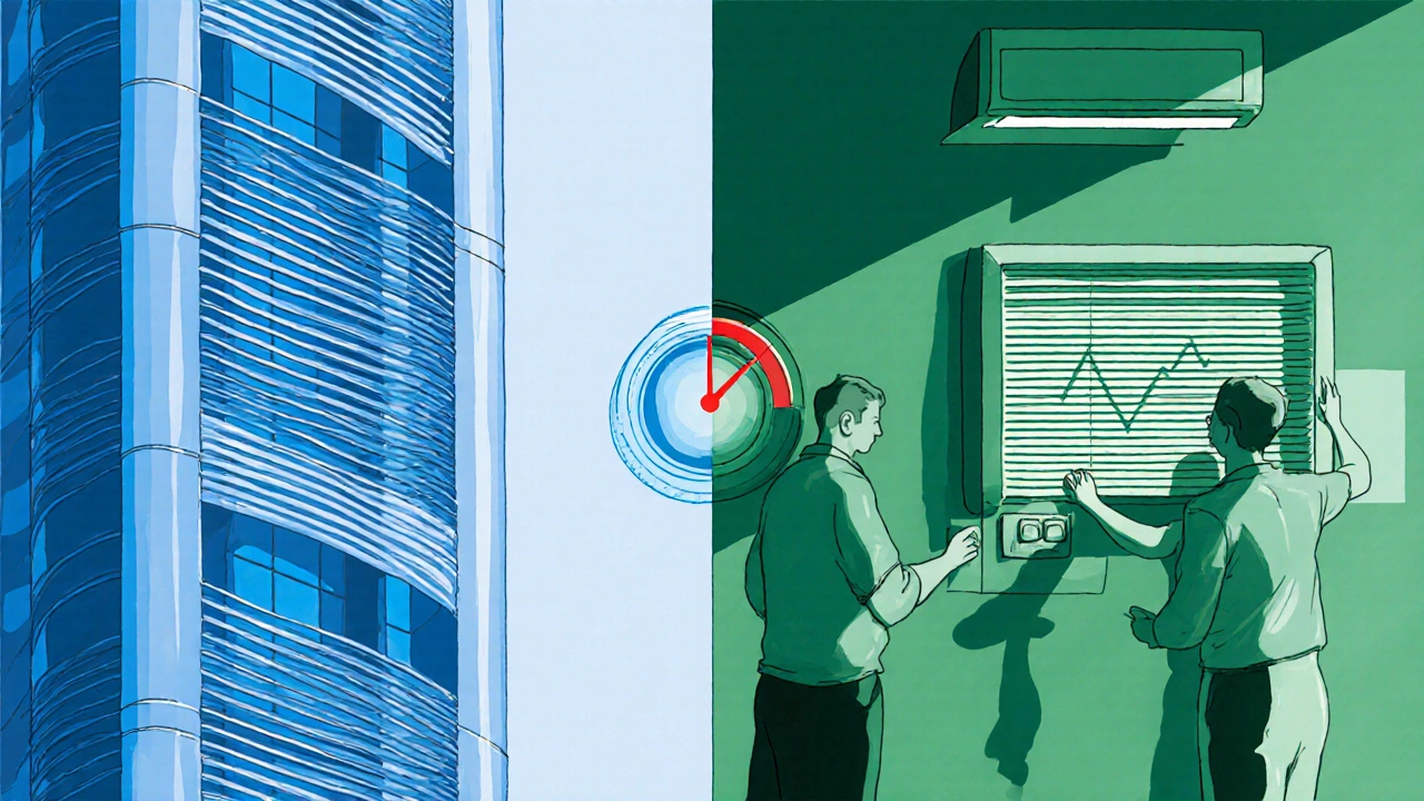 Split illustration of automated shades versus occupants overriding them, showing performance gap.