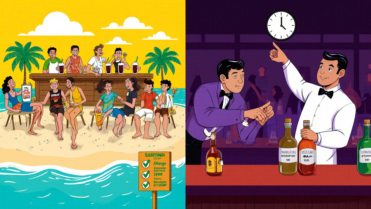 Split illustration showing unlimited house drinks versus premium drinks with restrictions.