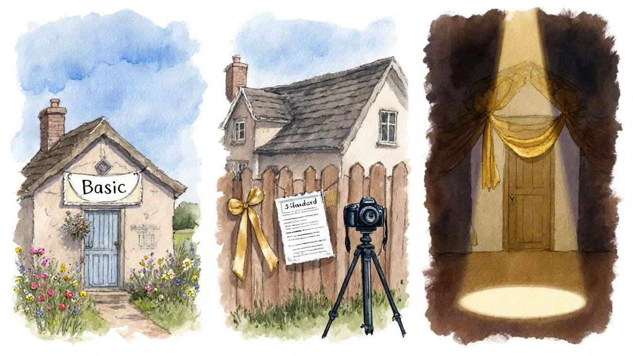 Three watercolor panels show basic, standard, and premium cottages with related props.