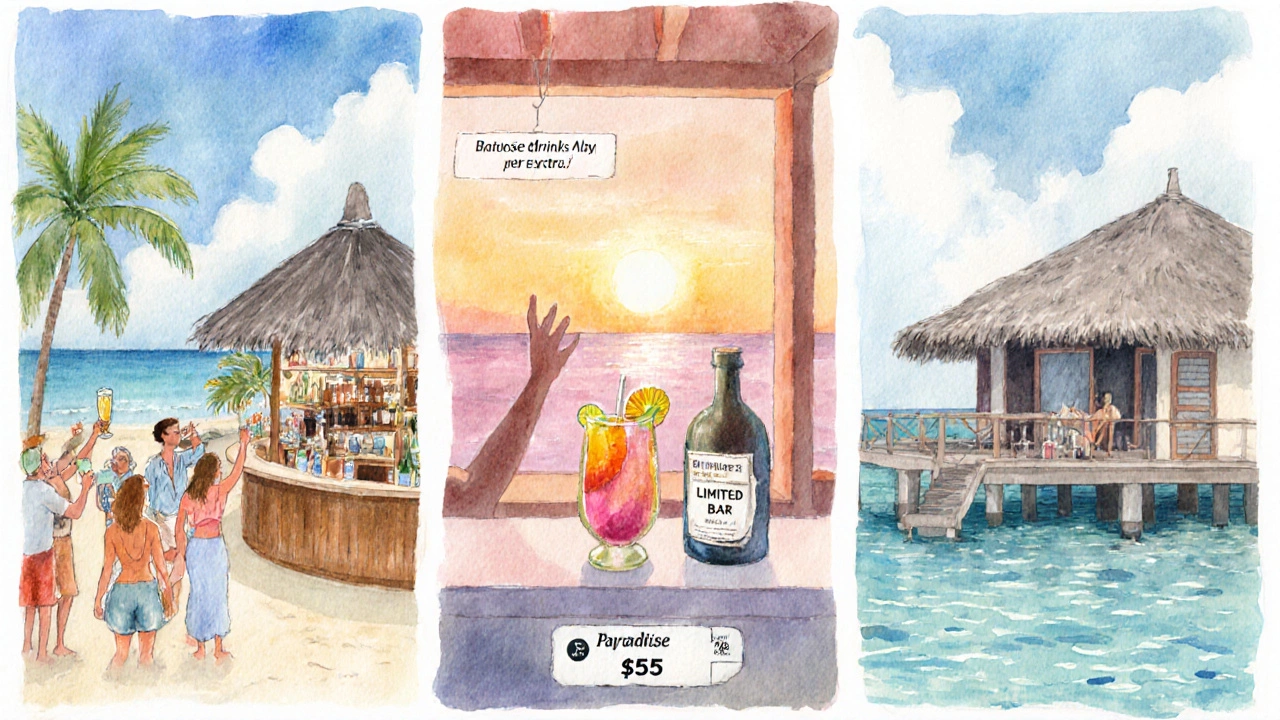 Three watercolor panels show Caribbean, Mexican, and Maldivian resorts with their drink policies.