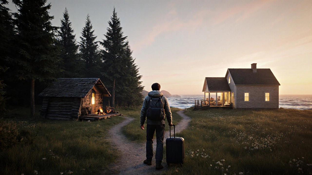Traveler at a path fork choosing between a forest cabin and a coastal cottage.