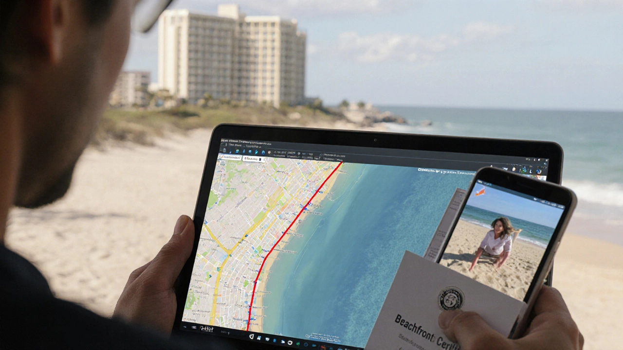 Traveler checking satellite map and guest photo to confirm a hotel's beachfront status.