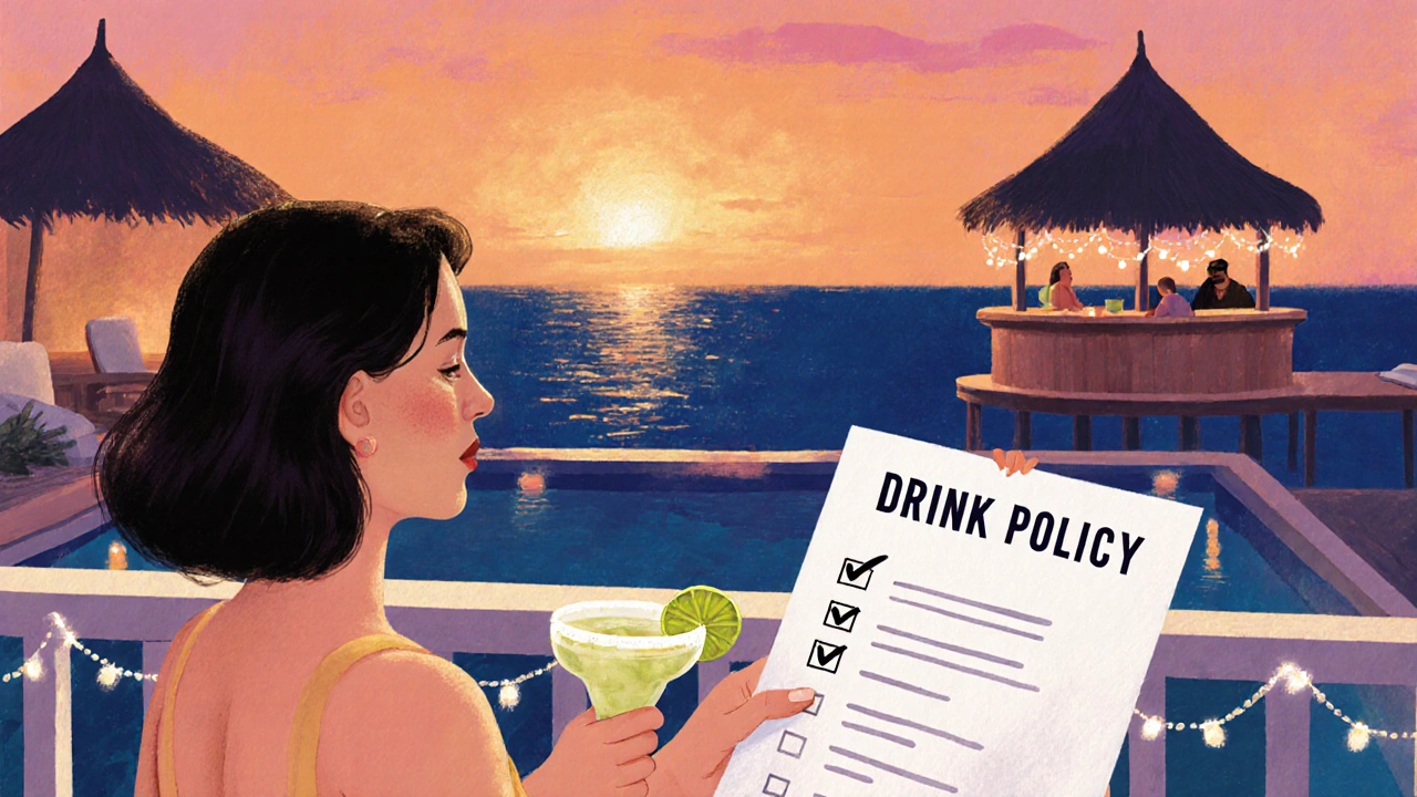 Traveler holding a checklist and a margarita on a sunset balcony overlooking a resort pool.