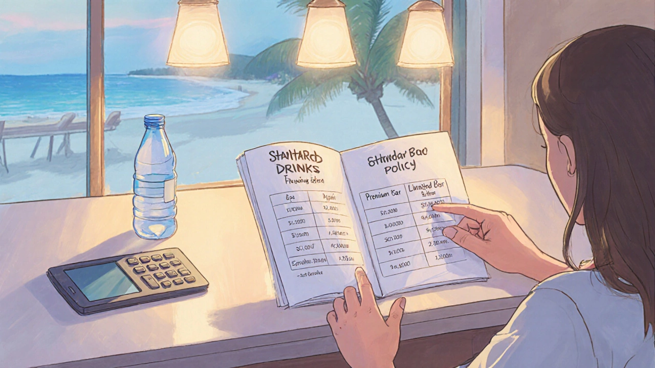 Traveler reviews a beverage policy brochure at a resort desk with calculator and water bottle.