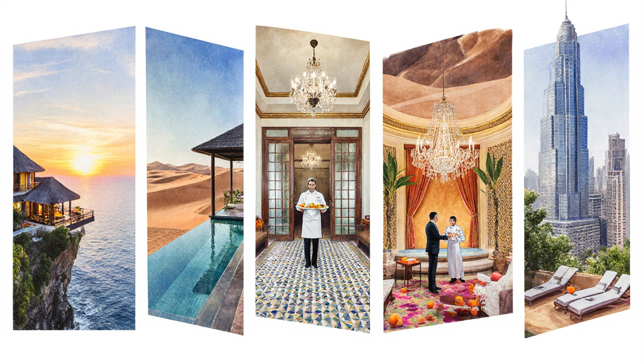 Watercolor collage showing iconic scenes from Four Seasons, Aman, St. Regis, Rosewood, and Mandarin Oriental.