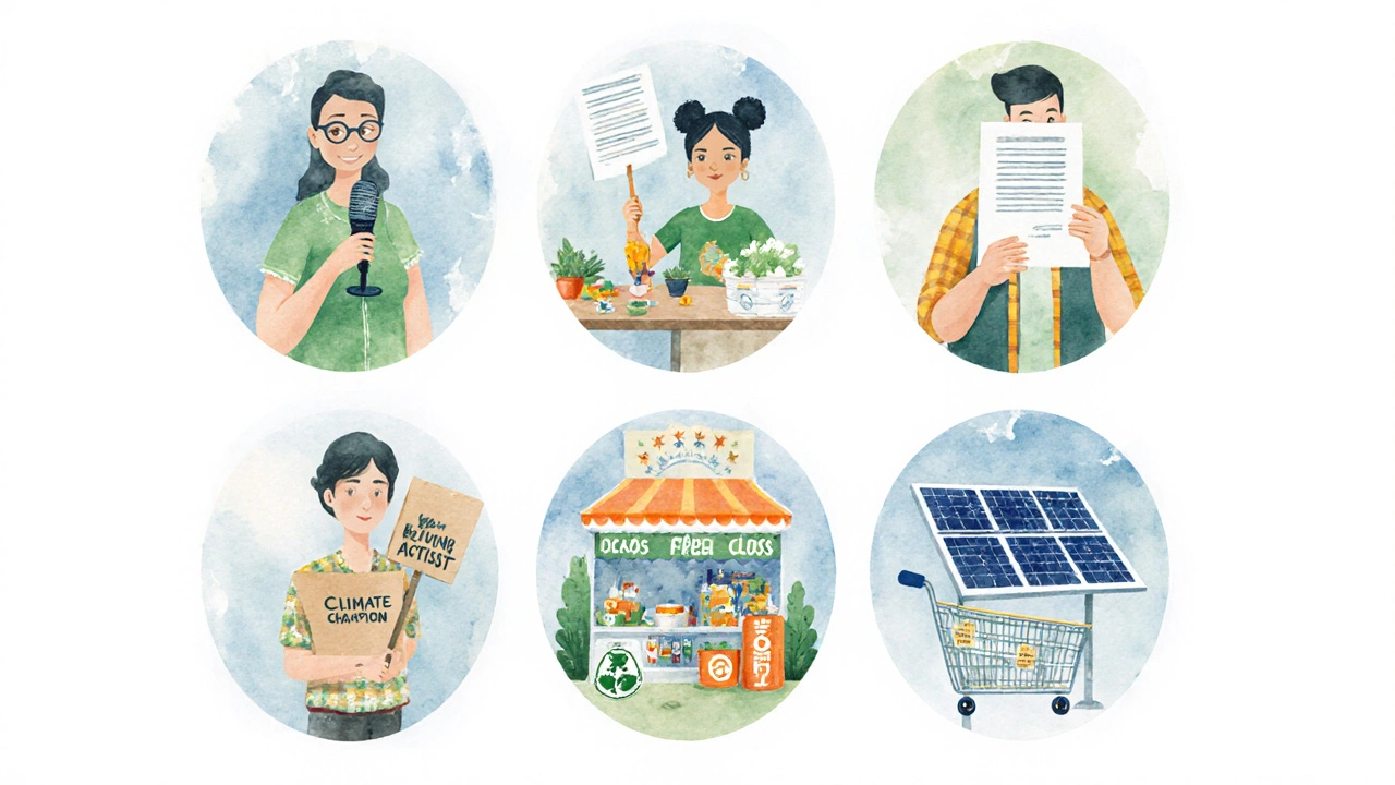 Watercolor icons showing six eco‑friendly personas with related symbols.