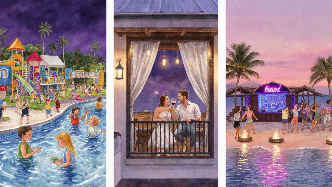 Watercolor of family, couple, and friends enjoying different resort areas at dusk.