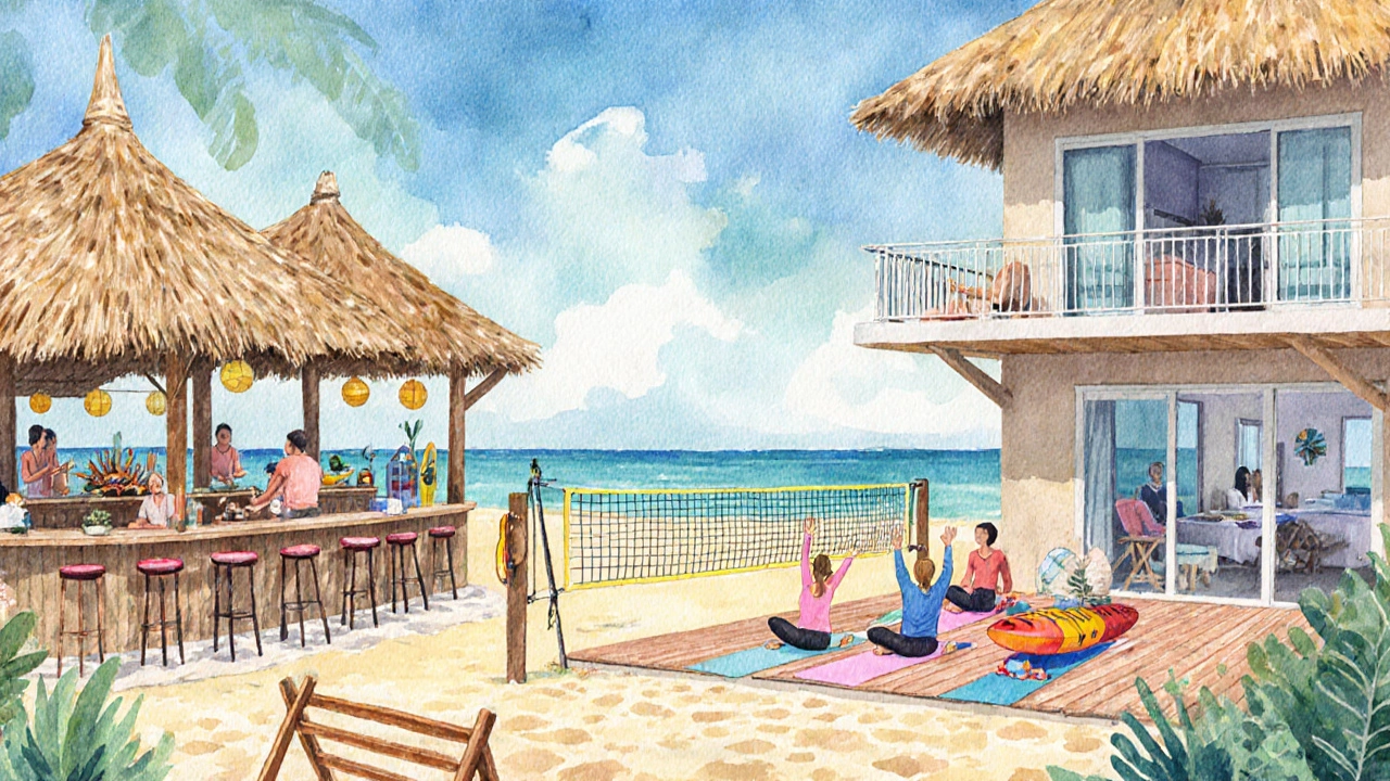 Watercolor scene of beach bar, yoga deck, water‑sport rentals, and ocean‑view balcony.