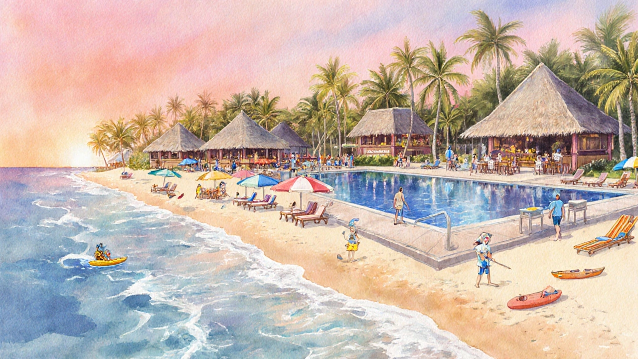 Watercolor view of a beachfront resort with pool, restaurants, and water‑sports gear at sunrise.