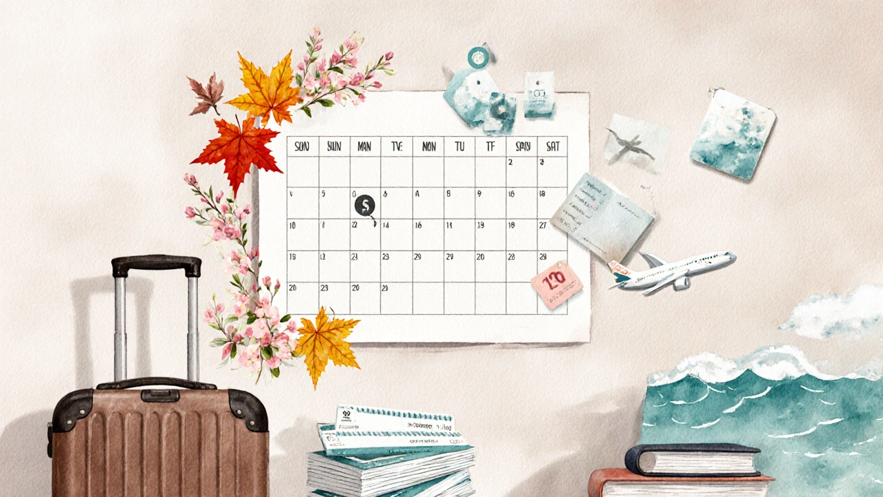 Watercolor workspace with calendar marked for off‑season, suitcase, and floating price tags.