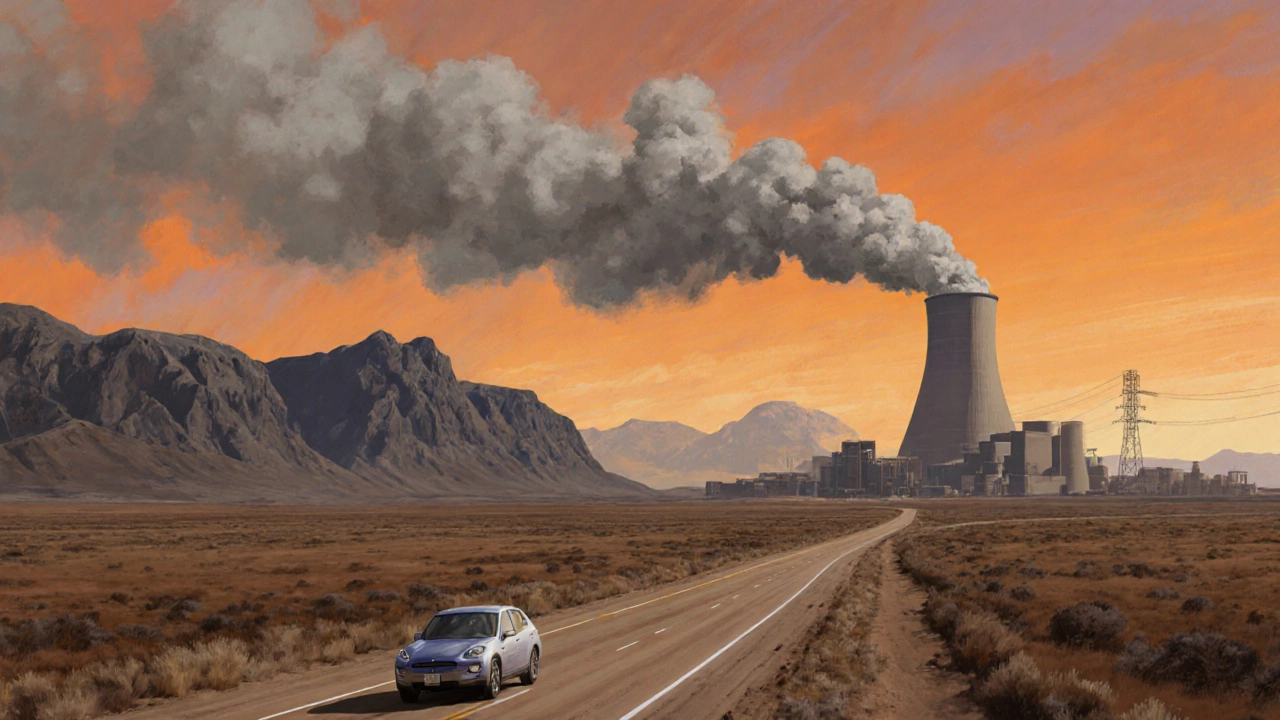 Wyoming landscape with highway, electric car, and coal power plant.