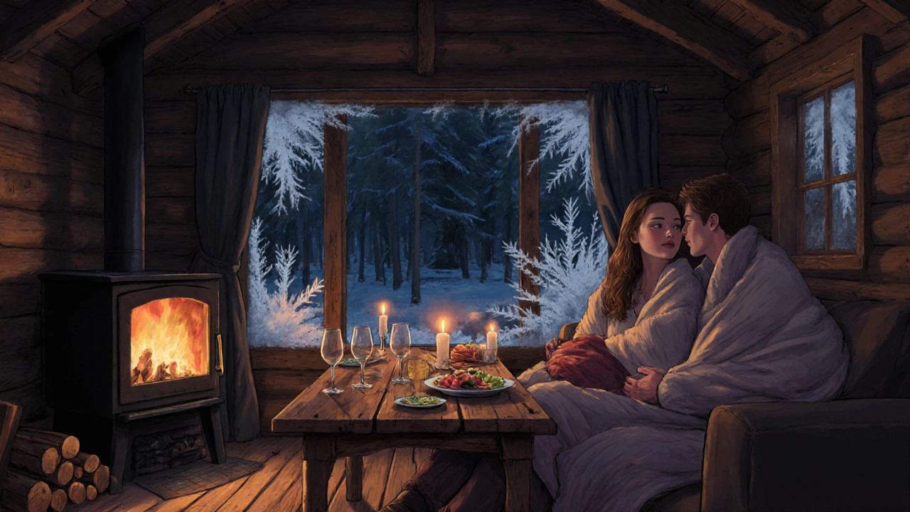 A couple relaxing by a wood stove in a cozy cabin, warm light glowing through the window.