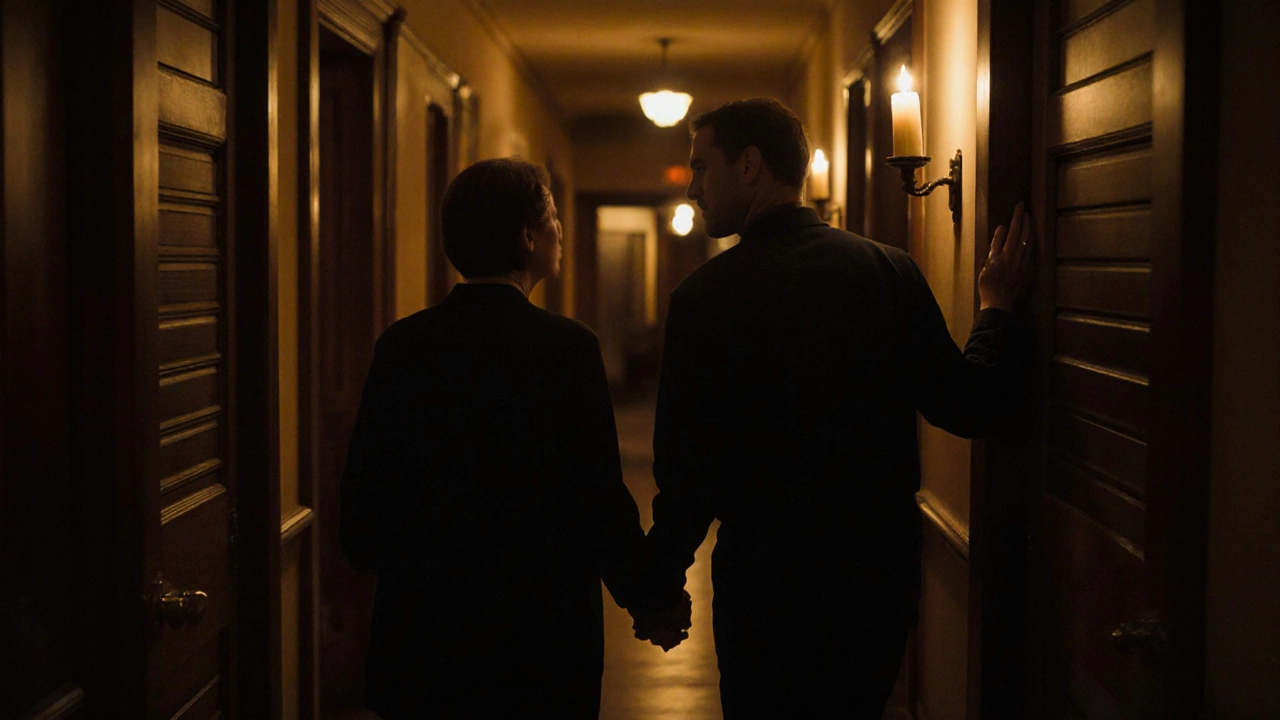 A couple shares a quiet kiss in a hotel hallway, candlelight glowing, no children present.