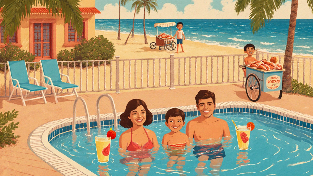 A family at a resort pool, contrasted with vibrant local life beyond the fence.