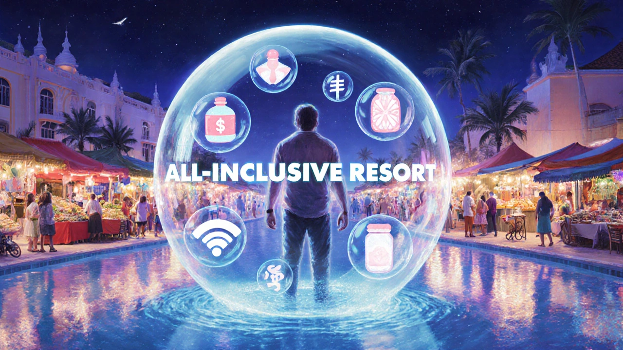 A person trapped in a glass bubble labeled &#039;All-Inclusive&#039; while authentic local culture thrives outside.
