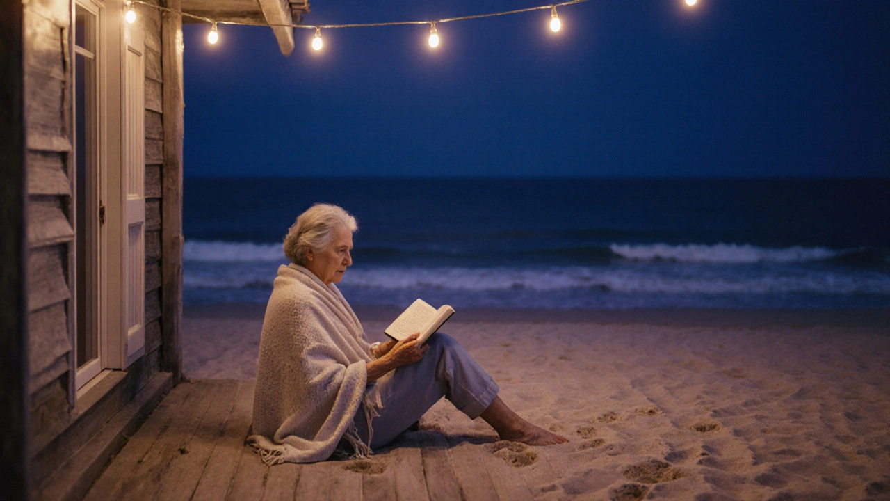 A woman reads alone on a beach bungalow patio at dusk, waves softly crashing nearby.