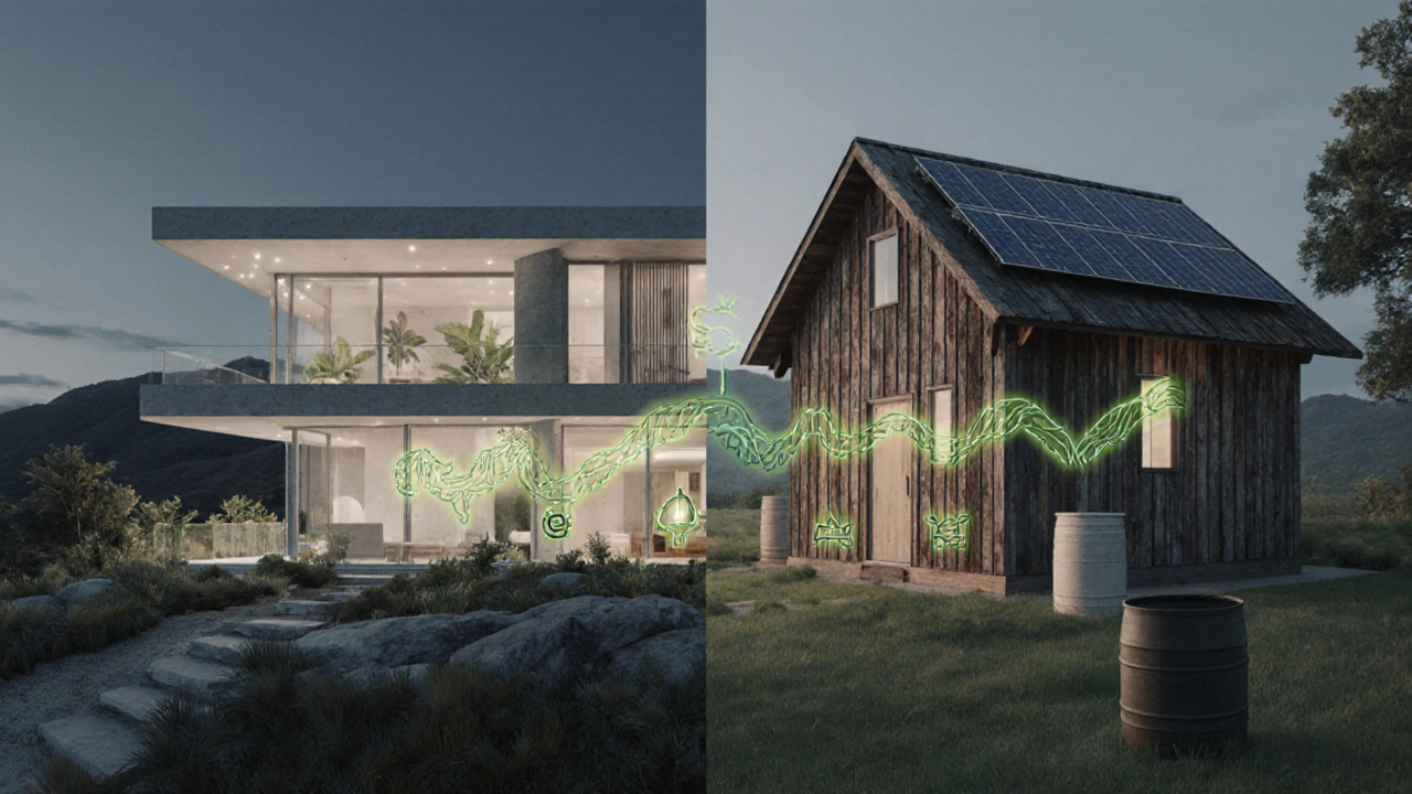 Comparison of a luxury eco-home and a modest off-grid cabin with emerging green technologies in between.