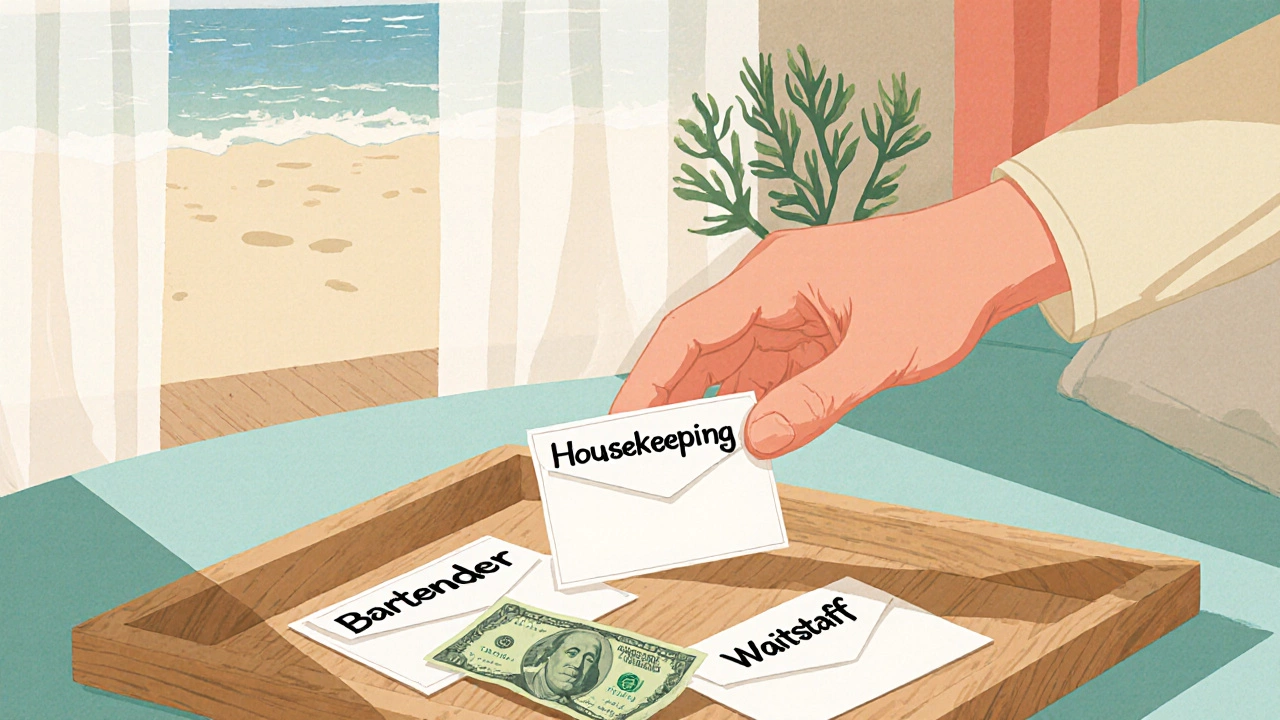 Daily tips in envelopes laid out on a tray beside local currency on a beachside room table.