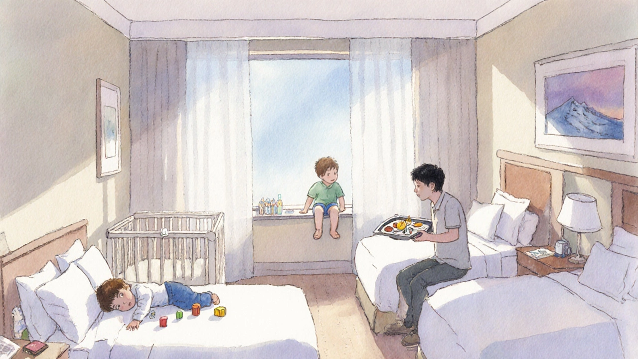 Family in hotel room with toddler in crib and teen by window